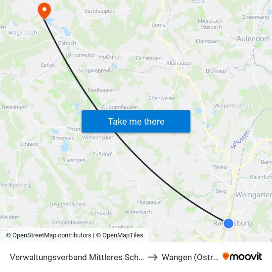 Verwaltungsverband Mittleres Schussental to Wangen (Ostrach) map