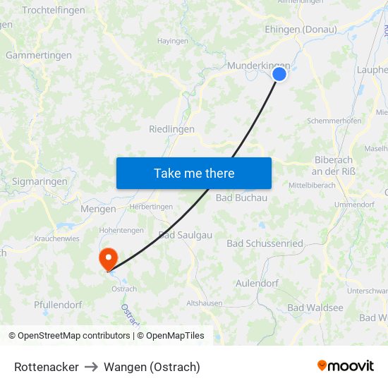 Rottenacker to Wangen (Ostrach) map