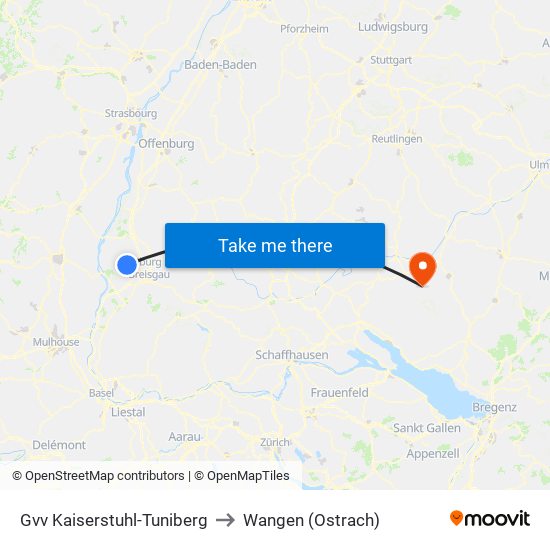 Gvv Kaiserstuhl-Tuniberg to Wangen (Ostrach) map