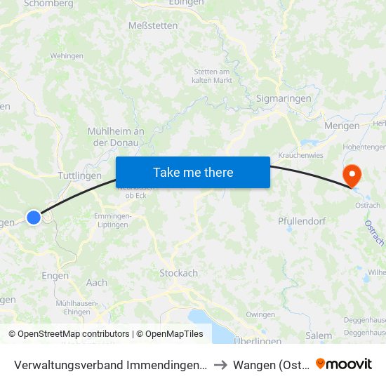 Verwaltungsverband Immendingen-Geisingen to Wangen (Ostrach) map