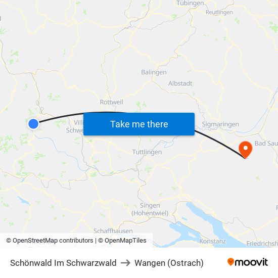 Schönwald Im Schwarzwald to Wangen (Ostrach) map