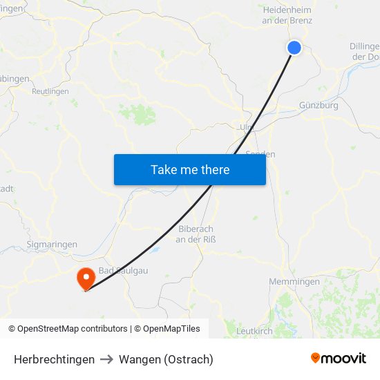 Herbrechtingen to Wangen (Ostrach) map