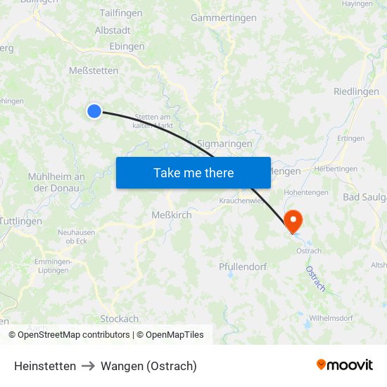 Heinstetten to Wangen (Ostrach) map