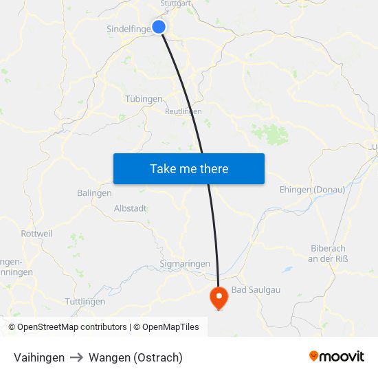 Vaihingen to Wangen (Ostrach) map