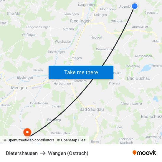 Dietershausen to Wangen (Ostrach) map