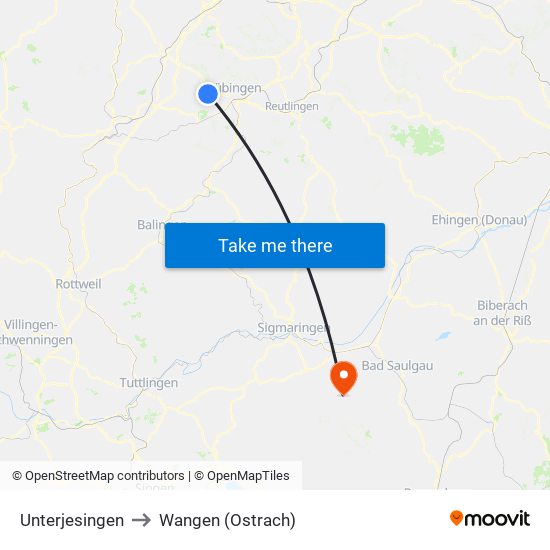 Unterjesingen to Wangen (Ostrach) map