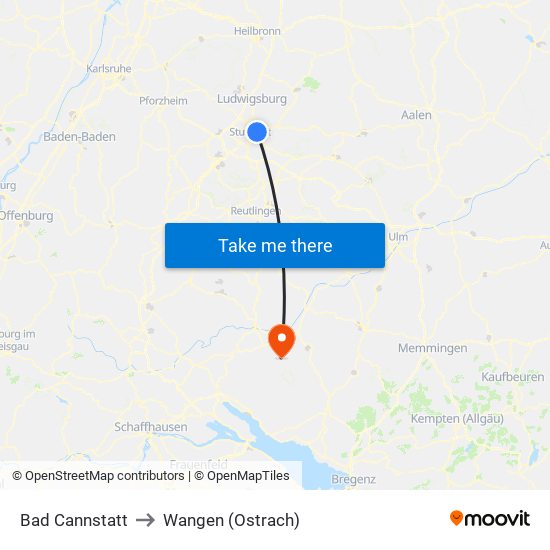 Bad Cannstatt to Wangen (Ostrach) map