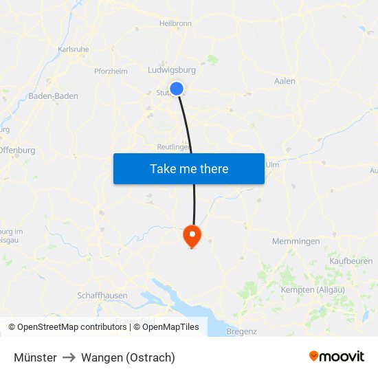 Münster to Wangen (Ostrach) map