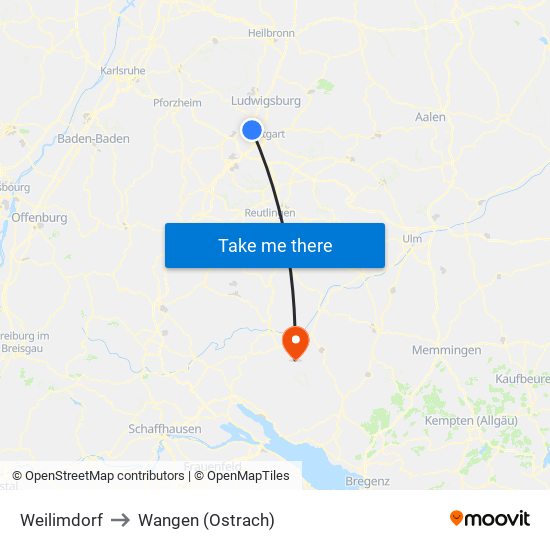 Weilimdorf to Wangen (Ostrach) map