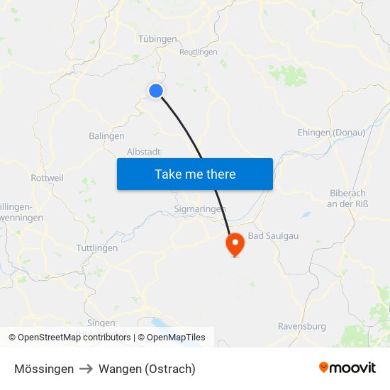 Mössingen to Wangen (Ostrach) map