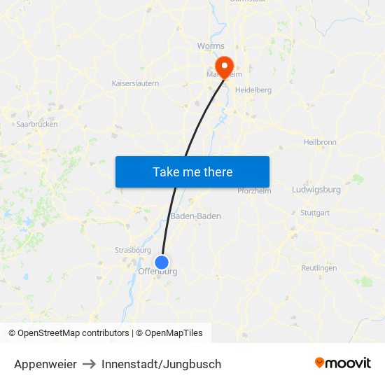 Appenweier to Innenstadt/Jungbusch map