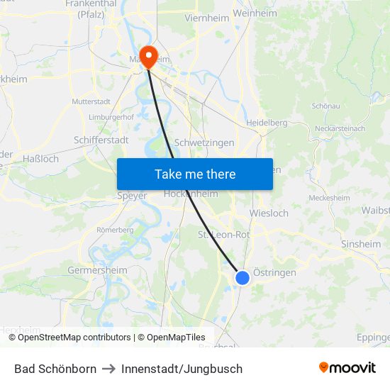 Bad Schönborn to Innenstadt/Jungbusch map