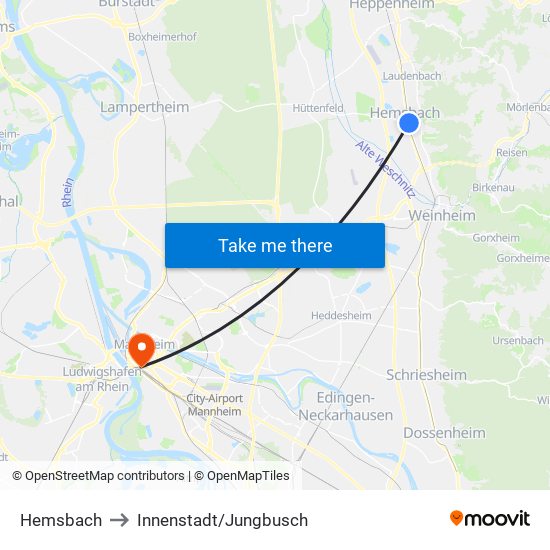 Hemsbach to Innenstadt/Jungbusch map