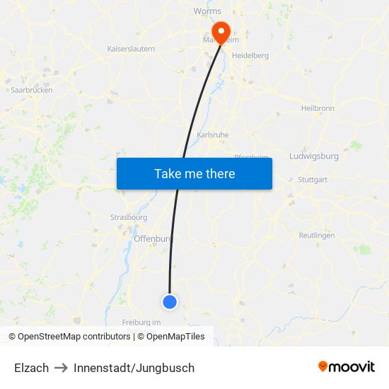 Elzach to Innenstadt/Jungbusch map