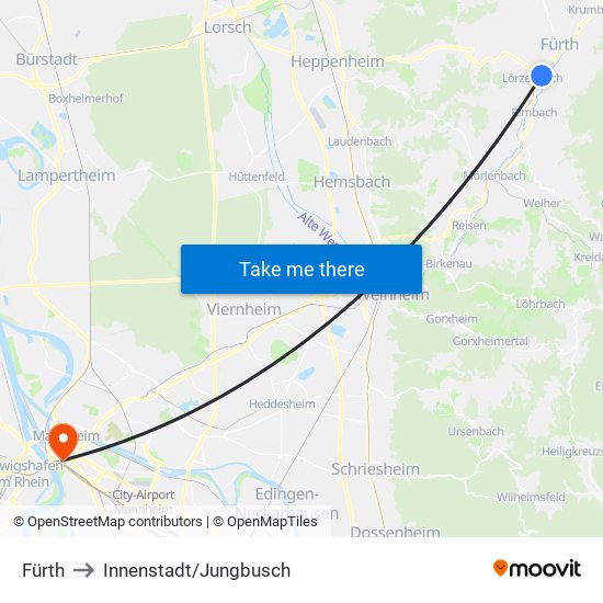 Fürth to Innenstadt/Jungbusch map