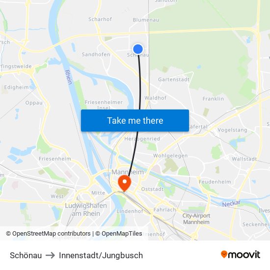 Schönau to Innenstadt/Jungbusch map