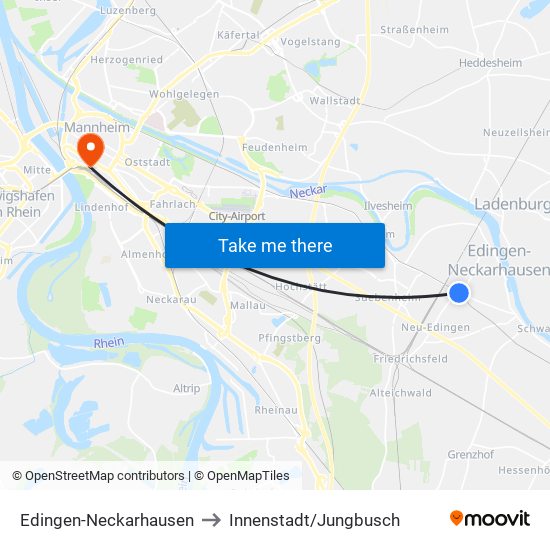 Edingen-Neckarhausen to Innenstadt/Jungbusch map