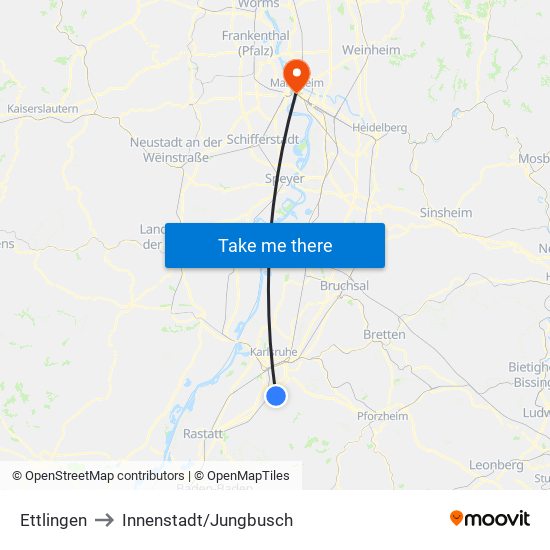 Ettlingen to Innenstadt/Jungbusch map