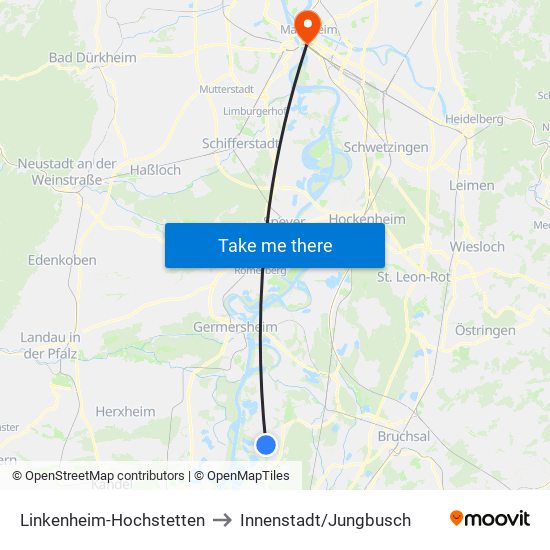 Linkenheim-Hochstetten to Innenstadt/Jungbusch map