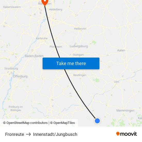 Fronreute to Innenstadt/Jungbusch map