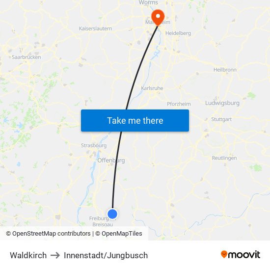 Waldkirch to Innenstadt/Jungbusch map