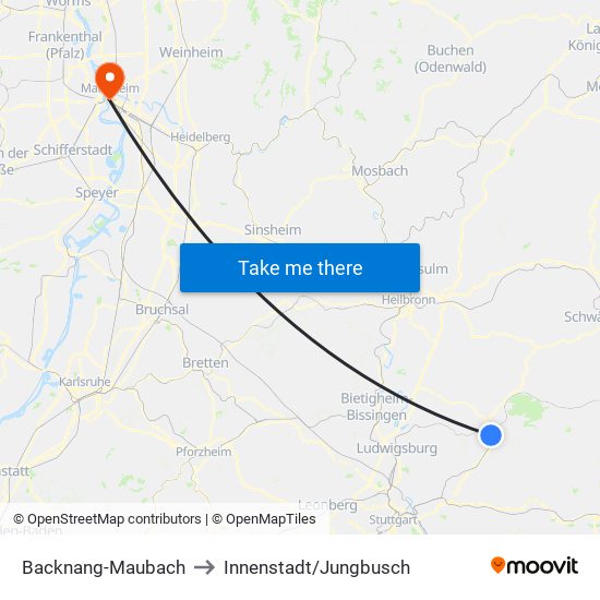 Backnang-Maubach to Innenstadt/Jungbusch map