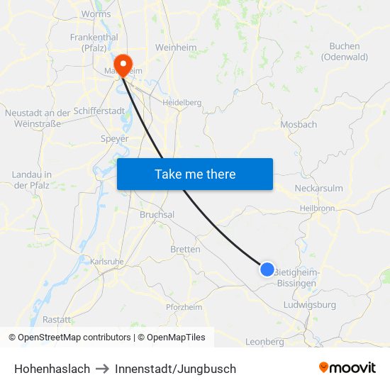 Hohenhaslach to Innenstadt/Jungbusch map