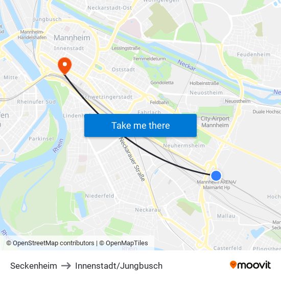 Seckenheim to Innenstadt/Jungbusch map