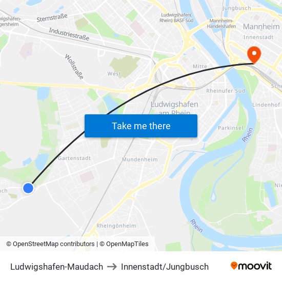 Ludwigshafen-Maudach to Innenstadt/Jungbusch map