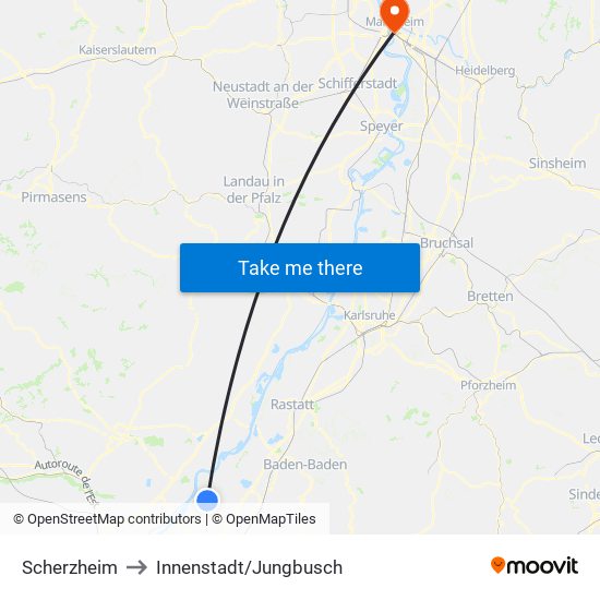 Scherzheim to Innenstadt/Jungbusch map