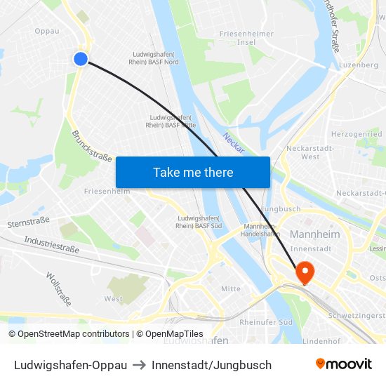 Ludwigshafen-Oppau to Innenstadt/Jungbusch map