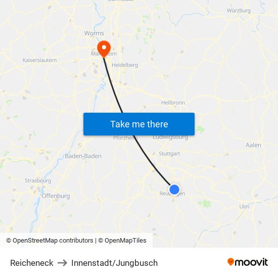 Reicheneck to Innenstadt/Jungbusch map