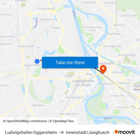 Ludwigshafen-Oggersheim to Innenstadt/Jungbusch map
