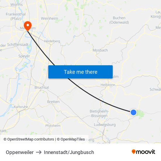 Oppenweiler to Innenstadt/Jungbusch map