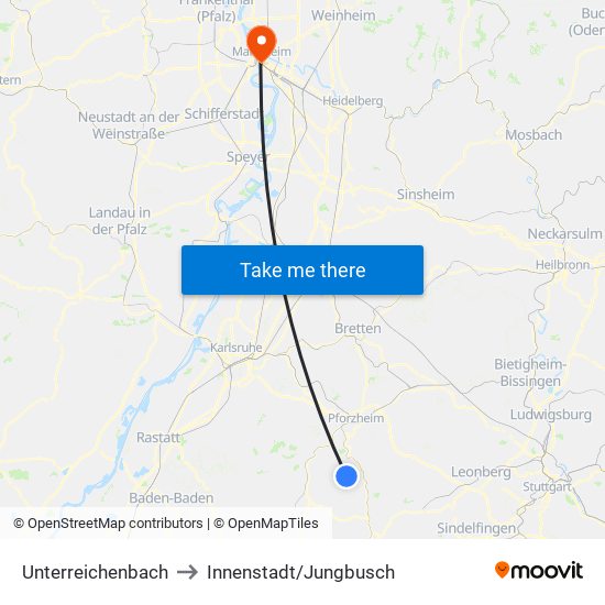 Unterreichenbach to Innenstadt/Jungbusch map