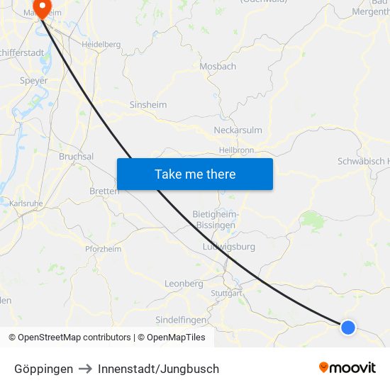 Göppingen to Innenstadt/Jungbusch map