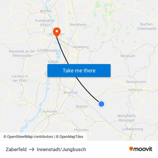 Zaberfeld to Innenstadt/Jungbusch map