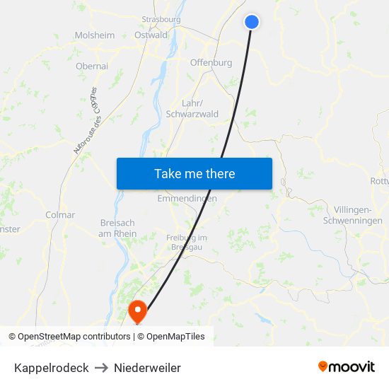 Kappelrodeck to Niederweiler map