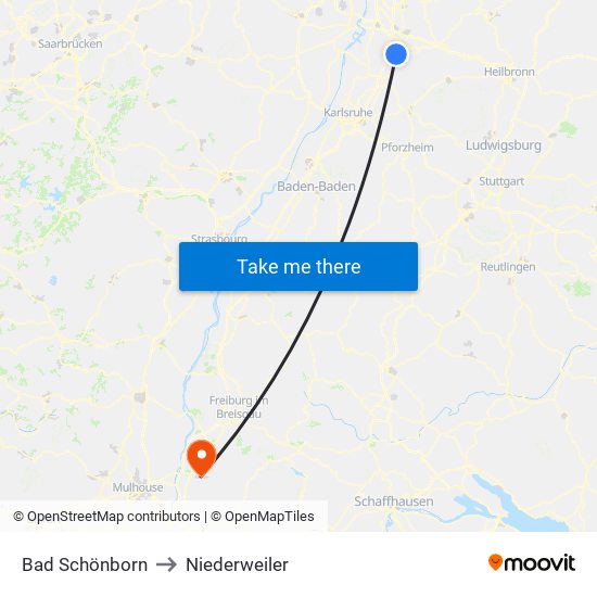 Bad Schönborn to Niederweiler map