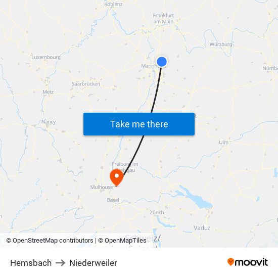 Hemsbach to Niederweiler map