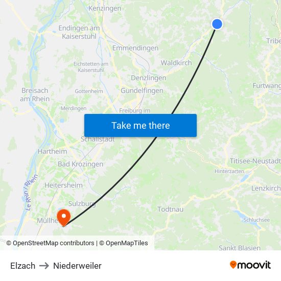 Elzach to Niederweiler map