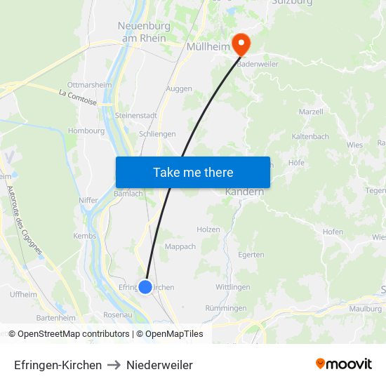 Efringen-Kirchen to Niederweiler map