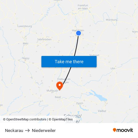 Neckarau to Niederweiler map