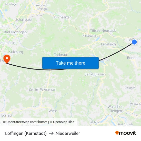 Löffingen (Kernstadt) to Niederweiler map