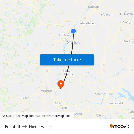 Freistett to Niederweiler map