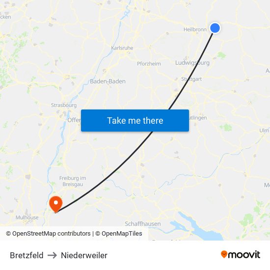 Bretzfeld to Niederweiler map