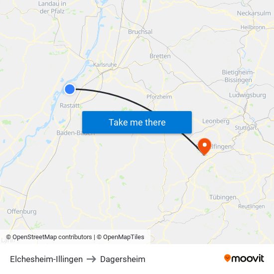 Elchesheim-Illingen to Dagersheim map