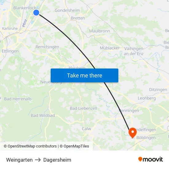 Weingarten to Dagersheim map