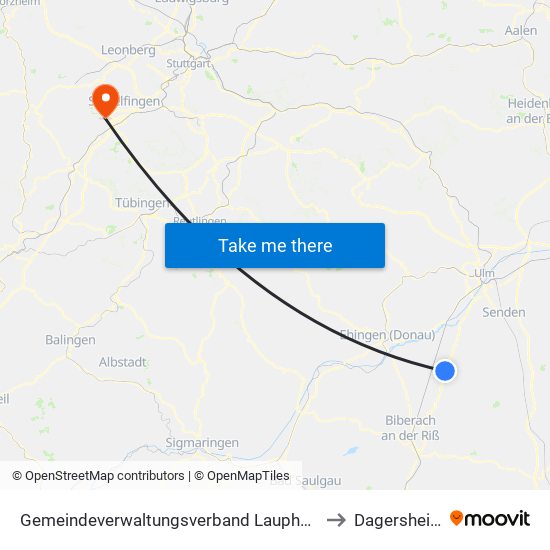 Gemeindeverwaltungsverband Laupheim to Dagersheim map