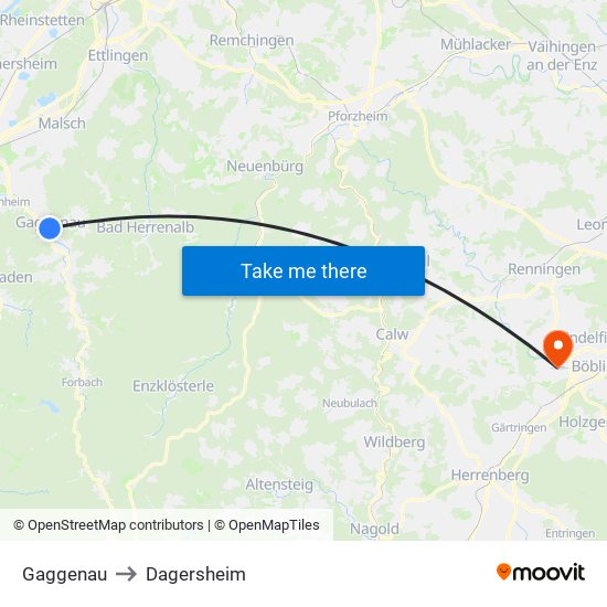 Gaggenau to Dagersheim map